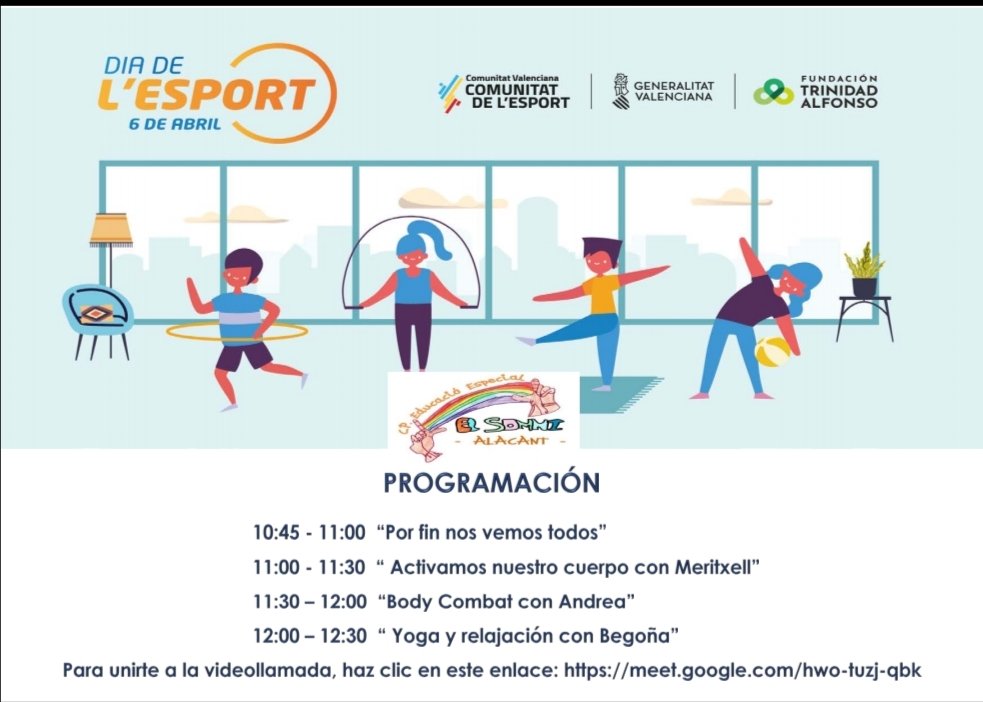 ceeElSomni's tweet photo. Hoy celebramos el Día del deporte. Únete a nosotros en el siguiente enlace y disfruta con @comunitatesport @GVAeducacio @VicentMarza #DiadelEsport https://t.co/b5xYiceVu4