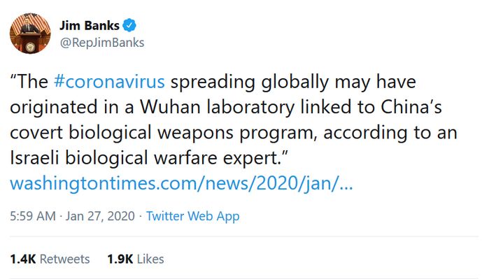 In late January, the de-platformed fake news site ZeroHedge published an investigation that blamed a single scientist studying bats for the coronavirus outbreak. It did not spread widely. But two days earlier a Republican Congressman tweeted out an even more insidious fake story: