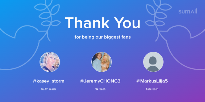 Our biggest fans this week: kasey_storm, JeremyCHONG3, MarkusLilja5. Thank you! via https://t.co/Ic1sEYJmO8