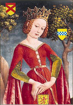 This lass is Marjory Bruce who wd have become Queen of Scotland on the Bruce's death had she not died falling from a horse while pregnant. Her child was saved & became Robert II. Ill-fated, she was also caged at the Tower of London for a while and held prisoner in a nunnery. /3