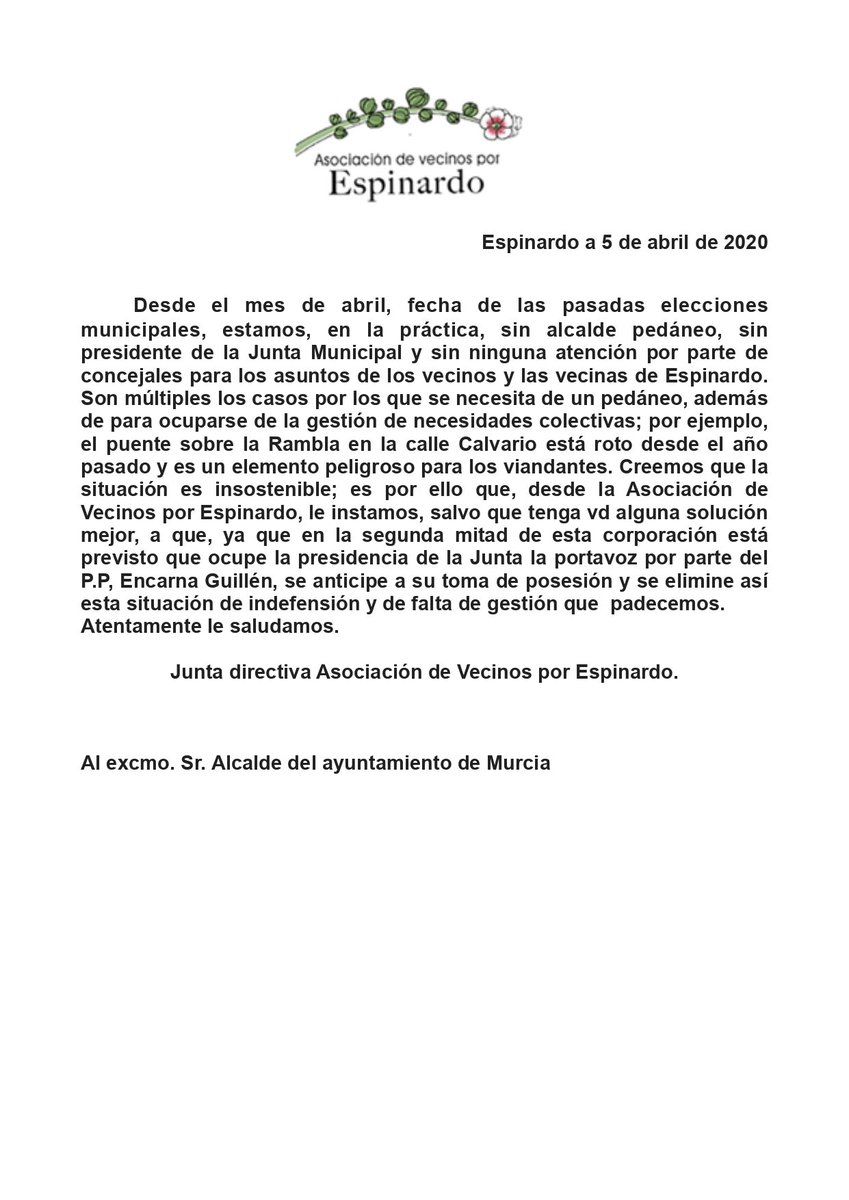 Estimado sr. <a href="/Ballesta_Murcia/">José Ballesta</a> , hace un año de las pasadas elecciones municipales y en la práctica sin pedáneo todavía. Anticipe la toma de posesión de quien tienen previsto y acabemos con la indefensión que padece Espinardo.
Si tiene mejor solución  aplíquela,sin más dilaciones!