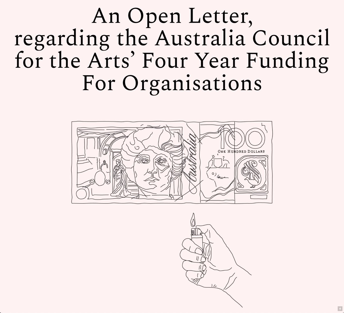 'An Open Letter, regarding the Australia Council for the Arts’ Four Year Funding For Organisations', from <a href="/semaphore_wa/">Semaphore</a>: semaphoreart.net/An-Open-Letter

"The idea that ‘art will prevail’ is a dangerous pretext to undermine its economic needs."