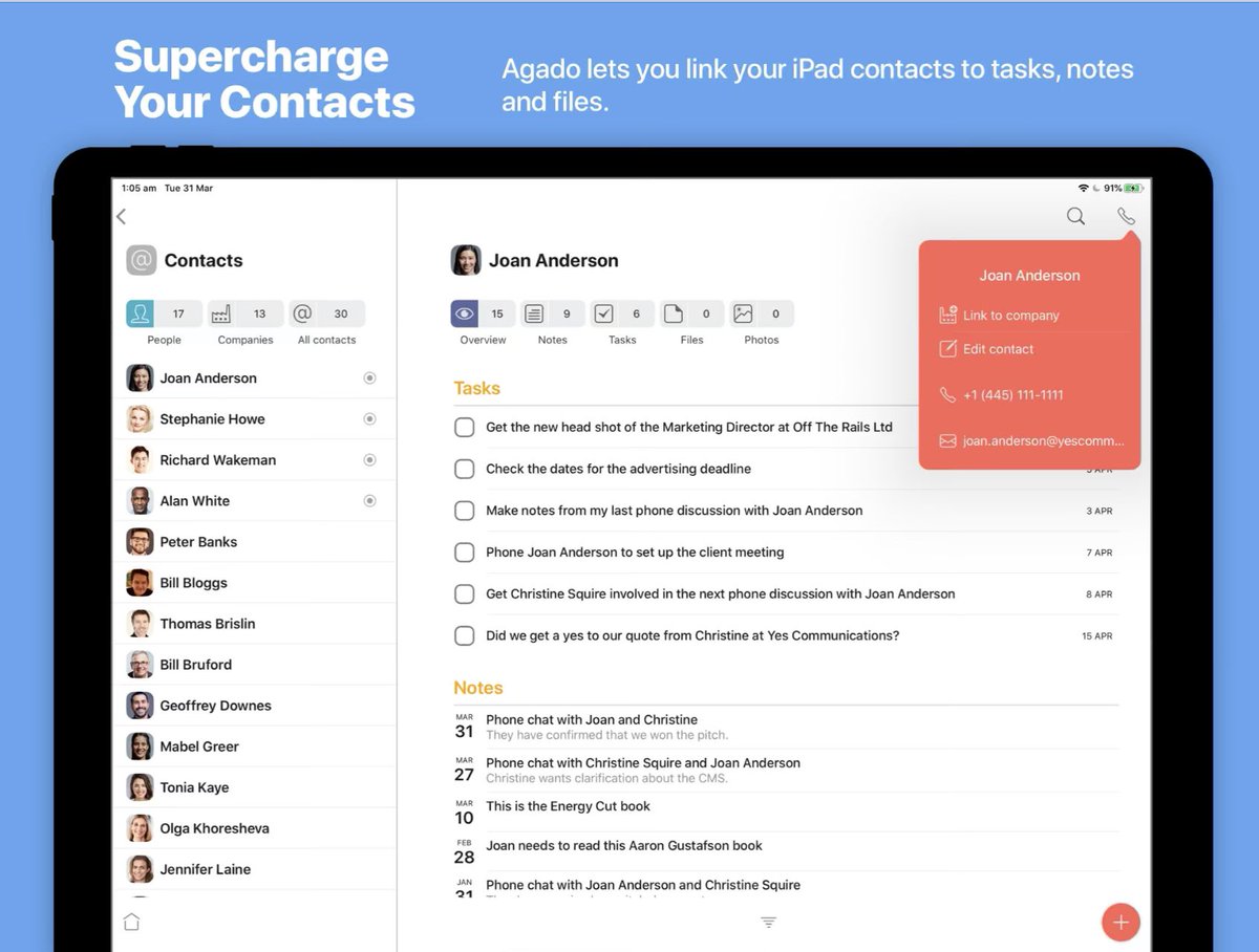 If you need to supercharge your business contacts, why not try out the FREE new app that I’ve developed for the iPad?

Called #Agado, it lets you link your iPhone and iPad contacts to tasks, notes, documents and meeting notes.
apps.apple.com/au/app/agado-f…