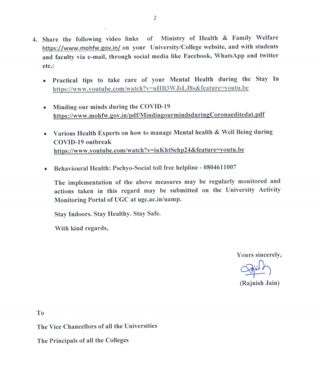 ANI's tweet photo. Prof. Rajnish Jain, Secretary, University Grants Commission (UGC) has written to Vice Chancellors/Principals of all colleges &amp; universities over setting up of help lines for mental health &amp; psychosocial concerns of students in view of #CoronaLockdown. https://t.co/OhsZI1DFOQ