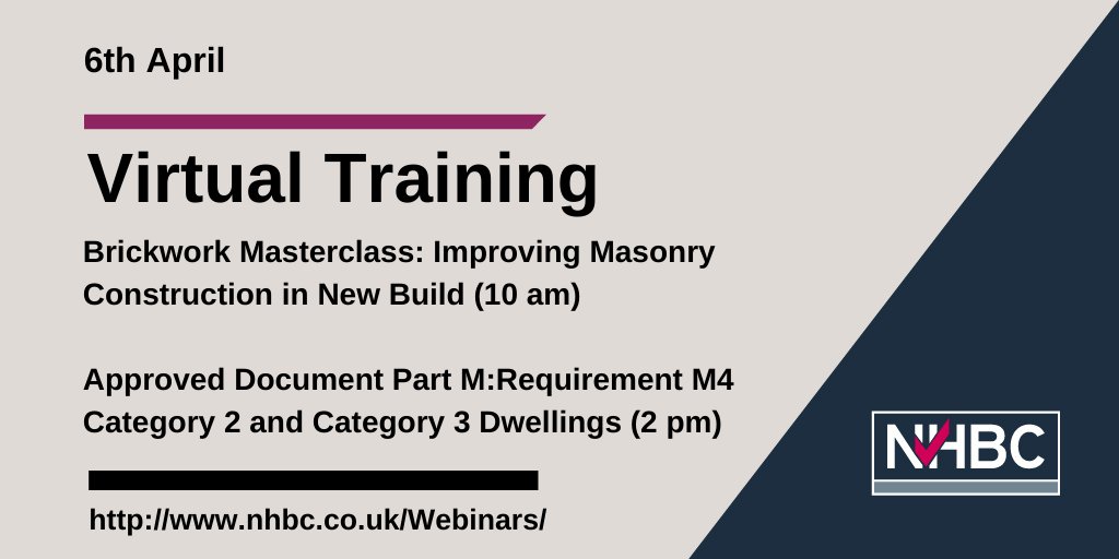 Today's #webinars begin at 10am with a Brickwork Masterclass session, followed by an overview of the guidance in Approved Document M at 2pm. For more information and to register, please click: nhbc.co.uk/Builders/Produ… #construction #workingfromhome #constructionworker
