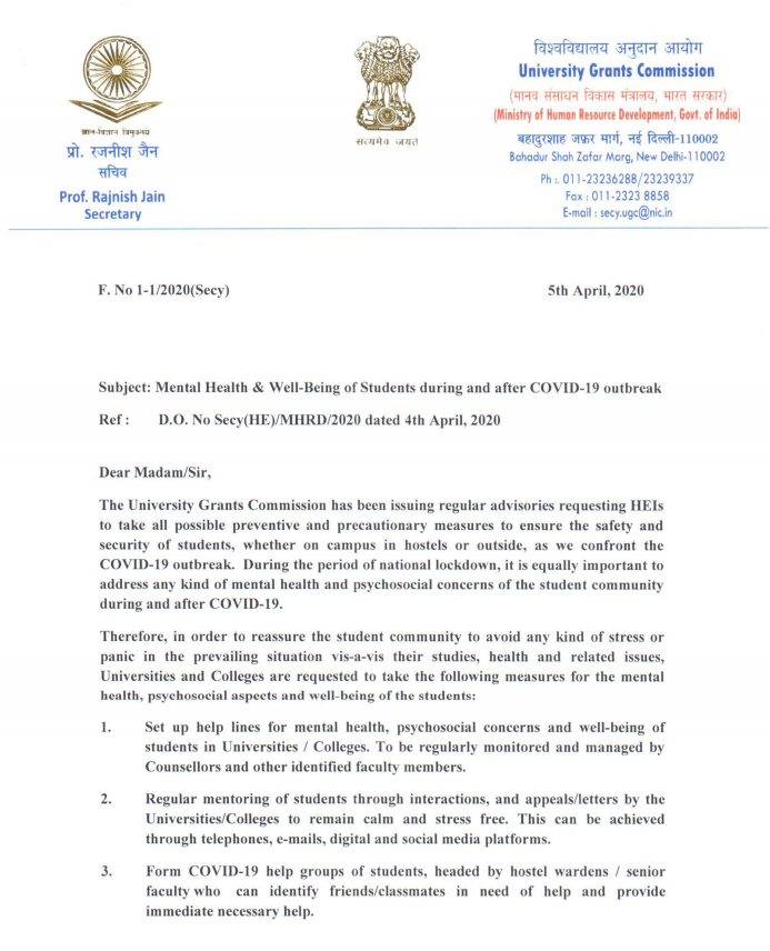 ANI's tweet photo. Prof. Rajnish Jain, Secretary, University Grants Commission (UGC) has written to Vice Chancellors/Principals of all colleges &amp; universities over setting up of help lines for mental health &amp; psychosocial concerns of students in view of #CoronaLockdown. https://t.co/OhsZI1DFOQ