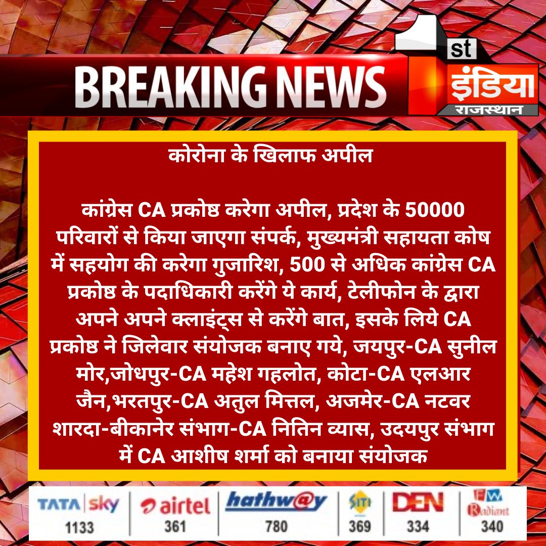 1stIndiaNews's tweet photo. #Covid_19: कोरोना के खिलाफ अपील

कांग्रेस CA प्रकोष्ठ करेगा अपील, प्रदेश के 50000 परिवारों से किया जाएगा संपर्क, मुख्यमंत्री सहायता कोष में सहयोग की करेगा गुजारिश, 500 से अधिक कांग्रेस CA प्रकोष्ठ के पदाधिकारी करेंगे ये कार्य...
#CoronaOutbreak #coronavirusindia 
@INCRajasthan https://t.co/Pl0zSgUO2W