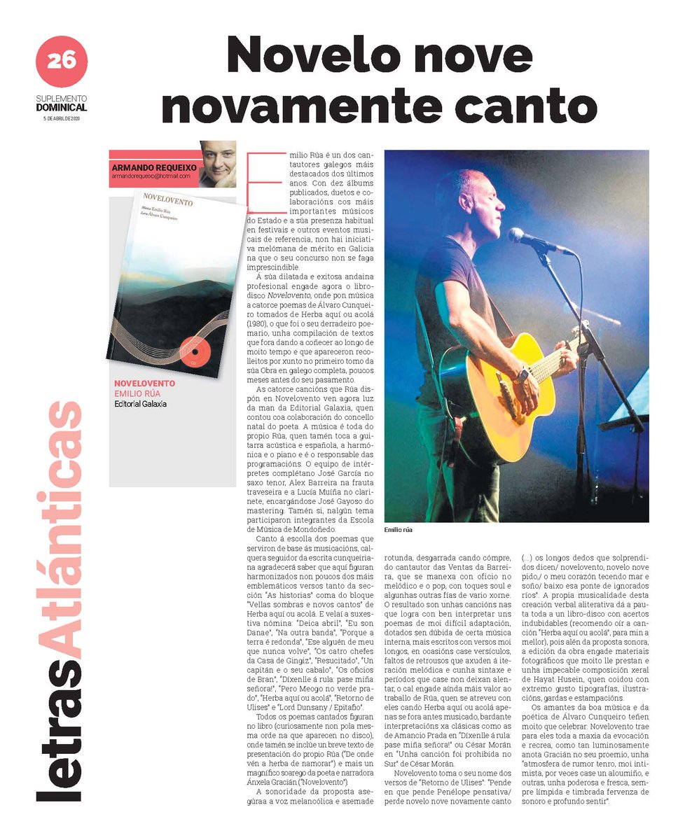 Nestes días de retiro escoito con frecuencia 'Novelovento', o novo libro-disco de Emilio Rúa, que musica versos de 'Herba aquí ou acolá'. Escribín sobre del o que abaixo podedes ler. E, por se queredes saber como soa, velaquí unha mostra: youtube.com/watch?v=U9SqVd… #aculturasegue