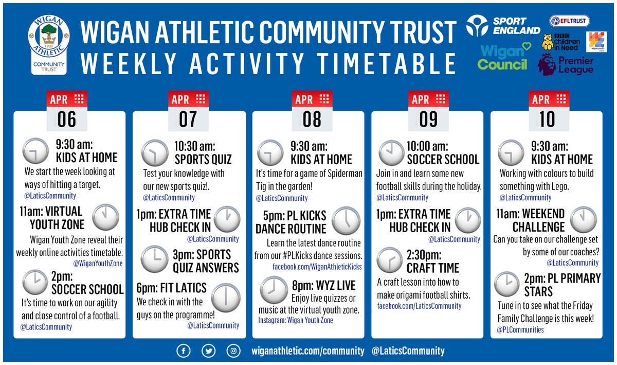LaticsCommunity's tweet photo. 😃 We have plenty lined up this week to keep you active at home! 

@WiganCouncil | #StayInWorkOut | #wafc 🔵⚪️💚 https://t.co/UzMuDrv26z