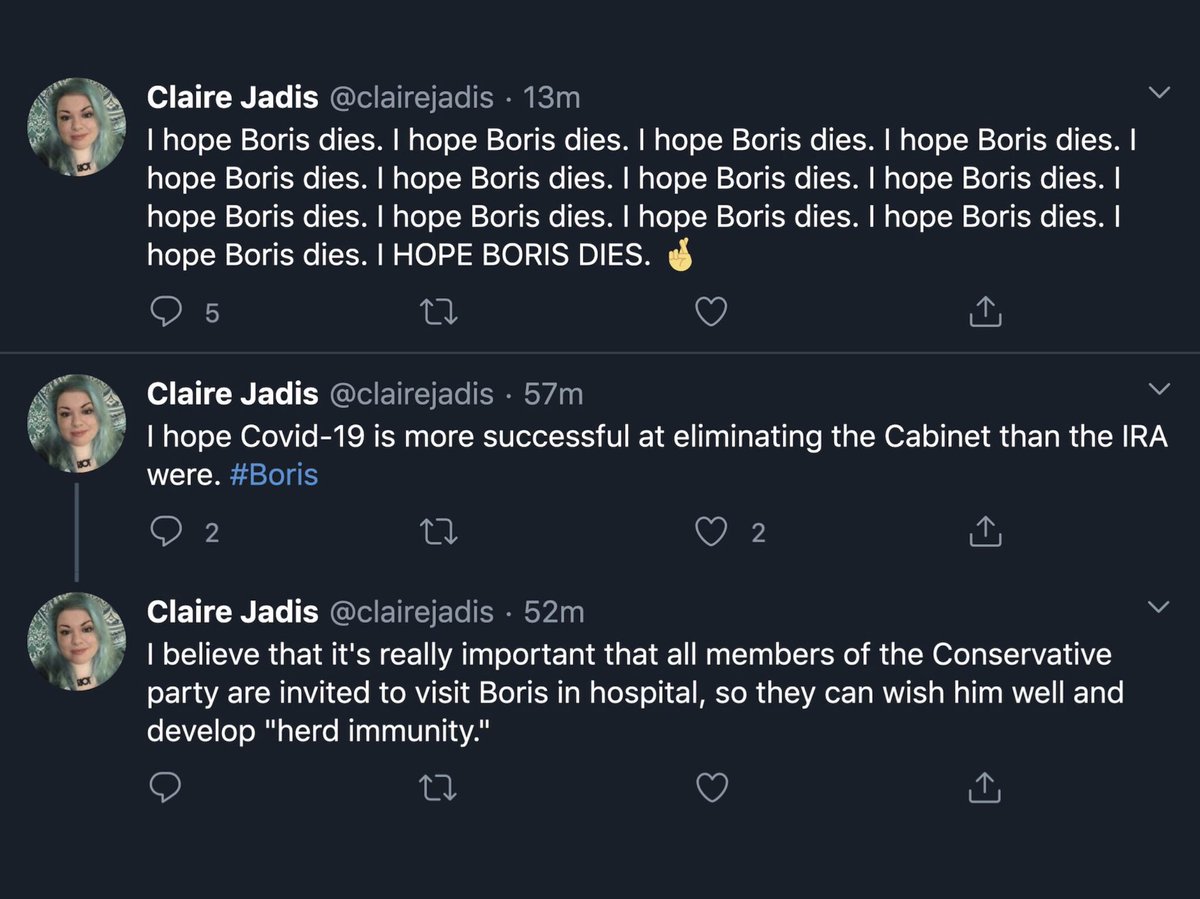 Absolutely repulsed to see so much hatred directed towards  @BorisJohnson on  @Twitter this morning. Just one example here from  @clairejadis.  @metpoliceuk, you vowed to investigate & pursue online hate speech; please make it so.