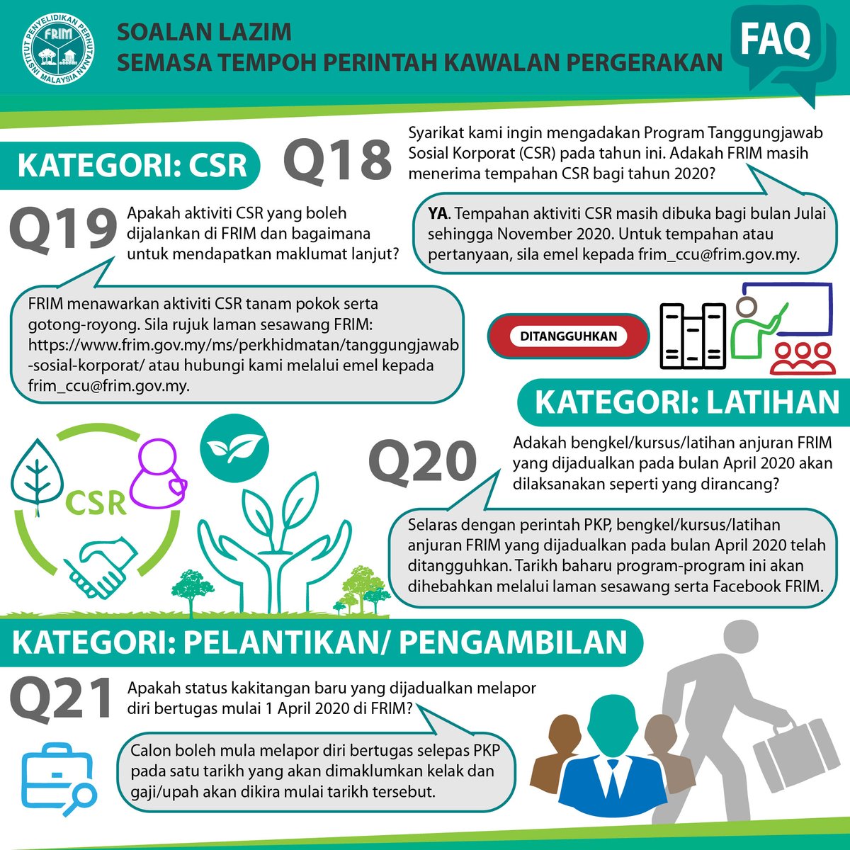 FRIMKepong's tweet photo. Soalan2 lazim (FAQ) @FRIMKepong berkaitan Perkhidmatan Pensijilan Produk FRIM (#FRIMPCS); perolehan &amp; tender; kewangan; Tanggungjawab Sosial Korporat (#CSR_FRIM); latihan &amp; pelantikan/pengambilan

https://t.co/XfrULsh3yr

#MovementControlOrder #StayAtHome #DudukRumah #PKP #MCO https://t.co/XlNg2y1lsH