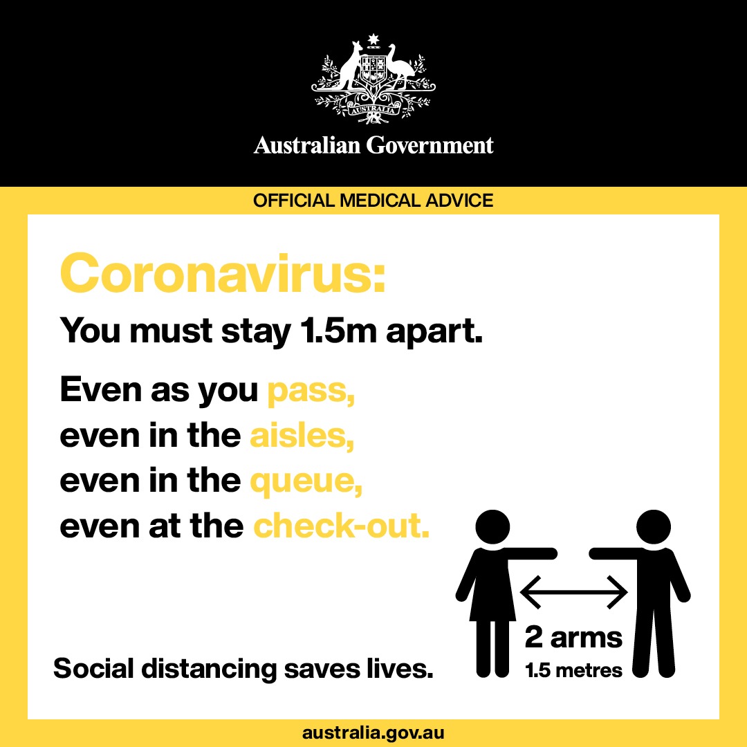 Social distancing is essential to slow the spread of coronavirus #COVID19.

Keep your distance from others when shopping for essentials and wash your hands thoroughly when you return home.

For more information, visit australia.gov.au

#coronavirusaustralia #COVID19au