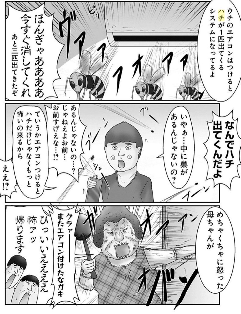 エアコンをつけたらハチが絶対出てくるのでエアコンをつける度にハチとの戦いが強いられる謎の家に住んでた小学生の頃に仲良かった彼、元気かな 