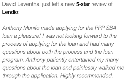 BrockBlake's tweet photo. Never get sick of these emails! #PPP 

I especially love the comments from the customer that mentions First Hope Bank -- we are working w/ FHB (&amp; 100s of other banks) to help them accept &amp; process PPP loans!

If your bank needs to improve their experience, tell them about lendio! https://t.co/MaqUnfF5Wp