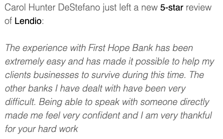 BrockBlake's tweet photo. Never get sick of these emails! #PPP 

I especially love the comments from the customer that mentions First Hope Bank -- we are working w/ FHB (&amp; 100s of other banks) to help them accept &amp; process PPP loans!

If your bank needs to improve their experience, tell them about lendio! https://t.co/MaqUnfF5Wp