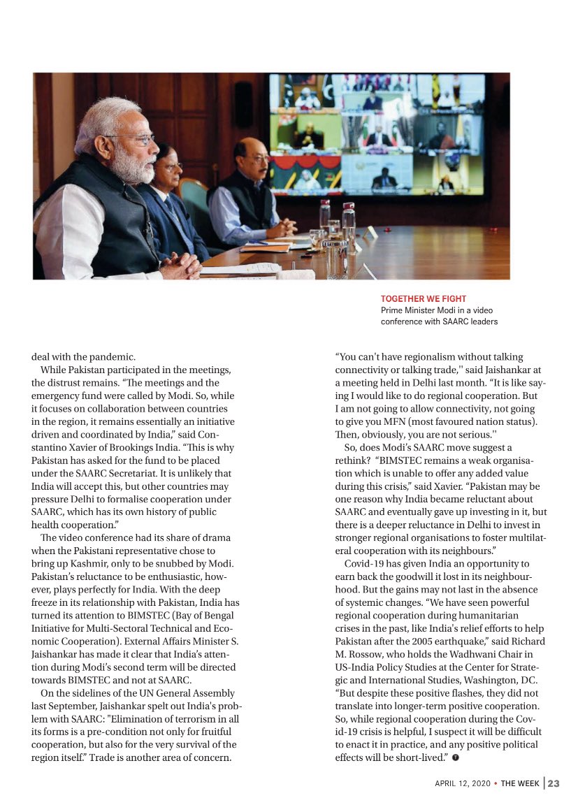 Thread:Has Covid-19 given India an opportunity to regain the goodwill lost in South Asia and revive regional institutions? Here below are the detailed (not so optimistic) comments I sent in for this piece by Mandira Nayar 1/n https://www.theweek.in/theweek/more/2020/04/04/neighbourhood-watch.html