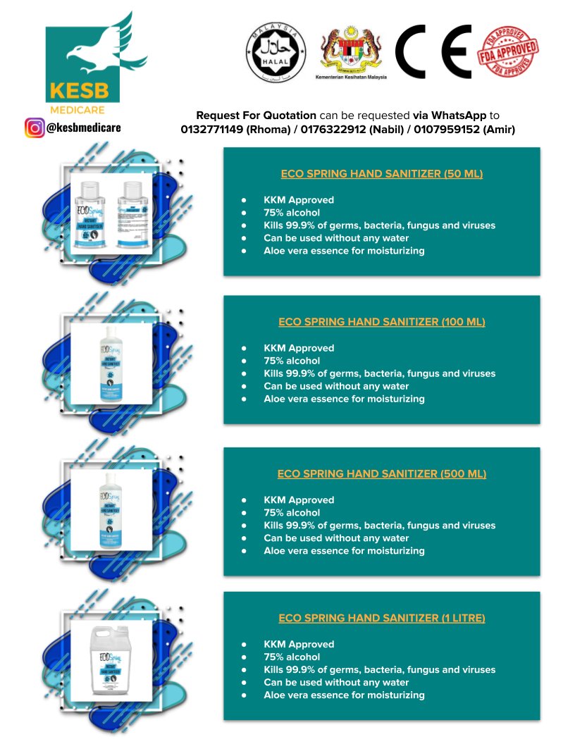 Other products will be ready on 15th April 2020 onward.For more info, check out 'KESB Medicare' on FB & IG - don't forget to like our business page and share the news!  #StayAtHome   #KitaJagaKita   #WeDeliver2U