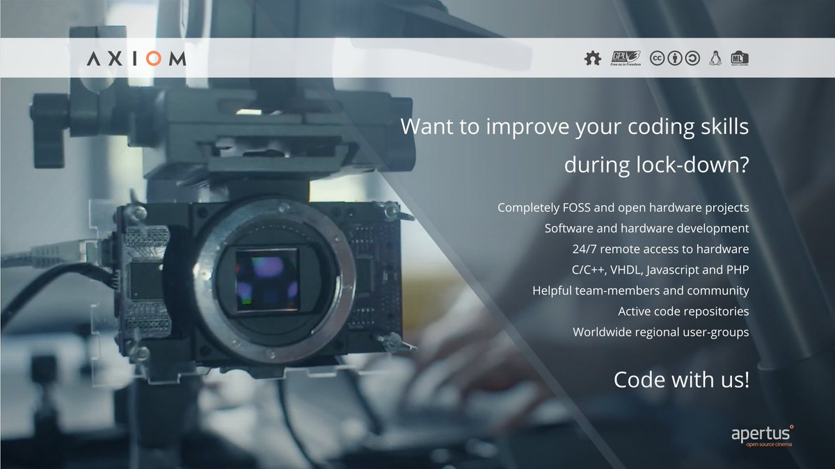 Extra time on your hands?

The community could really use your help.

Wiki: wiki.apertus.org/index.php/Main…

IRC: #apertus

Telegram group: t.me/apertus

#programming #Coding #opensource #Linux #electronics #manufacturing #vhdl #software #learntocode #100daysofcode #fpga