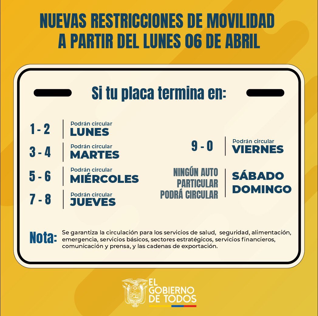 WazeEC's tweet photo. 🚧Nuevas restricciones de movilidad🚧 a partir del Lunes 6 de abril. Recomendamos a la comunidad de wazers que se movilicen solo si es necesario. ^ks #wazec #covid19 Fuente: Gobierno Nacional https://t.co/HHCSf0a48x