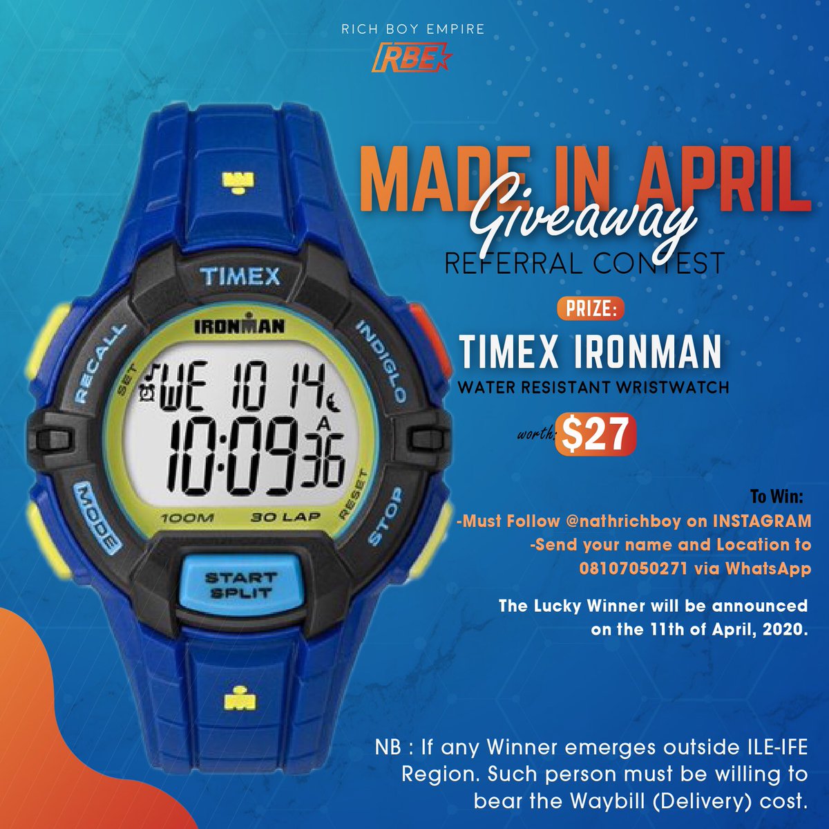 nathrichboy's tweet photo. #12DaysofLove #MadeinAprilGiveaway
Prize: TIMEX IRONMAN WATER RESISTANT WRISTWATCH โ๏ธ Worth : $27
To WIN:
Ensure that you are following @Nathrichboy .
Afterwards, click on this link: https://t.co/r4wvp0kfl0
#NRBWayโ๐พ https://t.co/RtLTmRkIBX