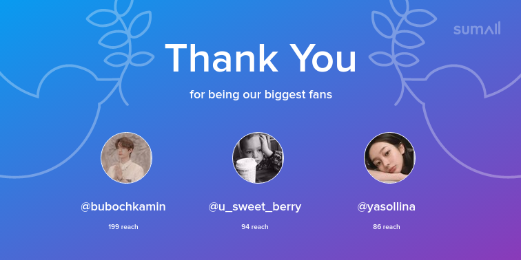 aynatdo's tweet photo. Our biggest fans this week: bubochkamin, u_sweet_berry, yasollina. Thank you! via https://t.co/ooEbmwL5DM https://t.co/6vR5f2BS7M