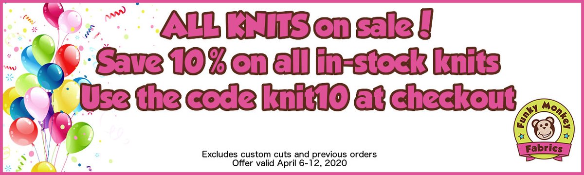 FunkMonkFabrics's tweet photo. Save on all in-stock knits this week! Use code knit10 at checkout. https://t.co/QuekHEzjcl Valid April 6-12, 2020. https://t.co/BijdlWOjqp