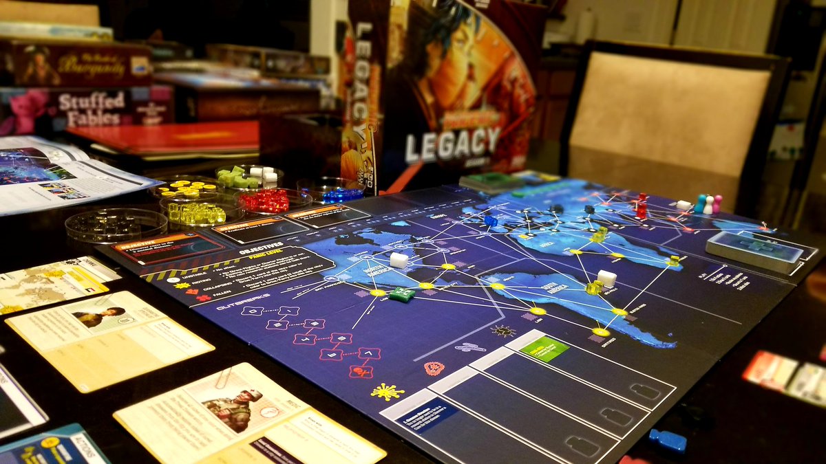 AaronOnTheTable's tweet photo. #PandemicLegacy from @Zmangames_ hit the table tonight after far too long on the shelf. We failed at March with just one character's actions being needed for the win. Great #quarantineboardgame for my wife and I! Thanks @mattleacock!

#boardgamegeek #familygamenight https://t.co/XXQTJTAQxw