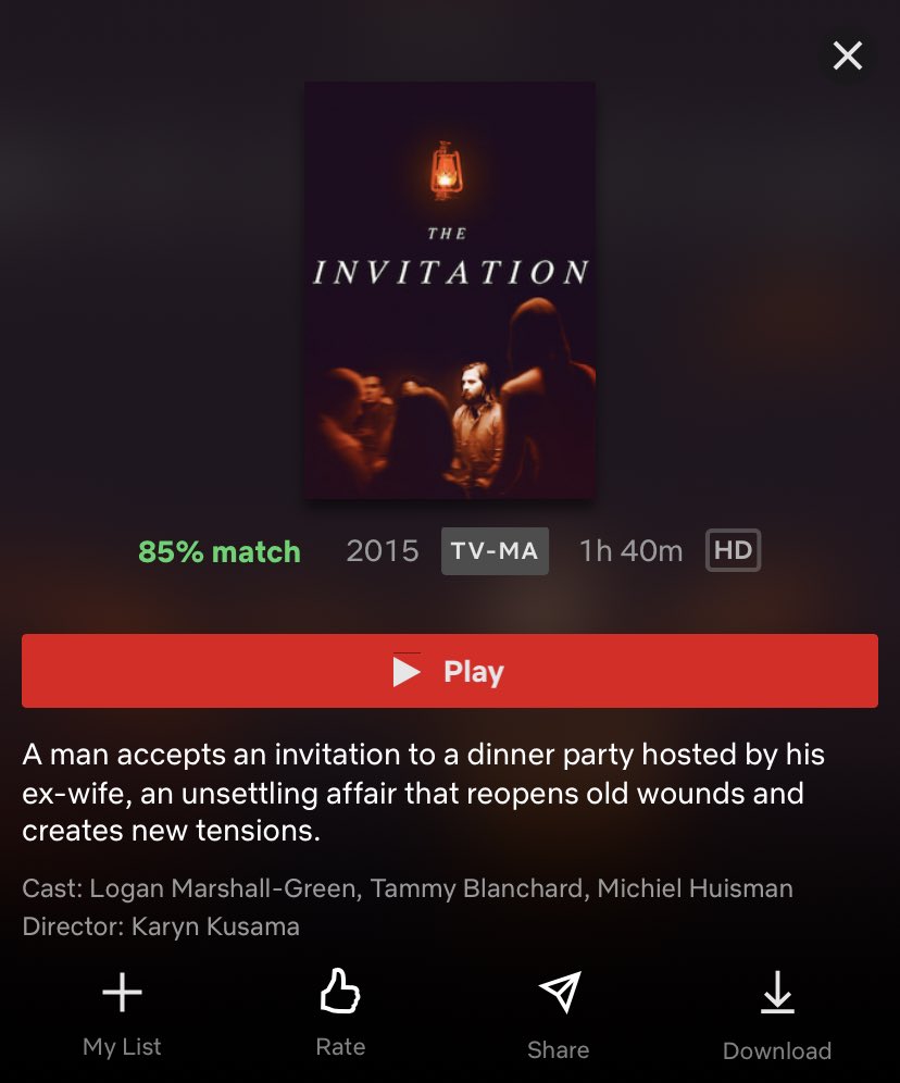 The Invitation - Netflix-Starts off slooww, but it’s necessary for the plot. You have to pay attention. -Decent ending from what I remember. -2.5/5