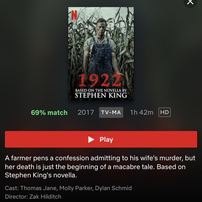 1922 - Netflix-It’s based off a Stephen King novella.. what more do I have to say. It’s not scary, it’s GOOD—but if you scare/cringe easily, I wouldn’t recommend. Lol. 4/5 (: