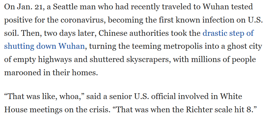 What is so striking, reading through the piece, is that despite what  @realDonaldTrump has repeatedly claimed, the current crisis was not unforeseen. Numerous officials cited in the piece saw the potential risk. "The Richter scale hit 8" after the Wuhan lockdown began.