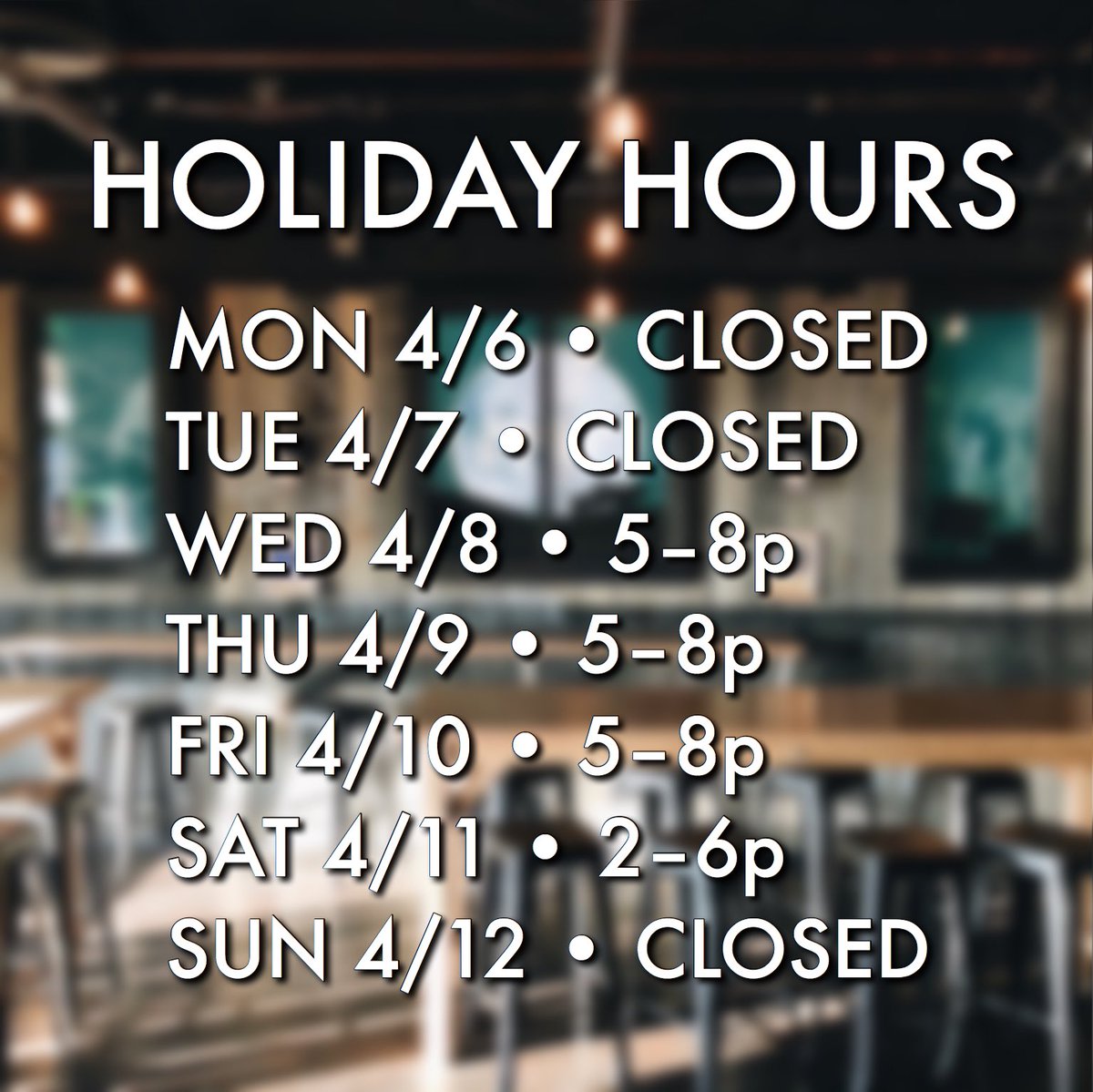 MidnightRunBrew's tweet photo. We will be closed today 4/6 and tomorrow 4/7 and Easter Sunday 4/12.

We will be open Wed-Fri 5-8p and Saturday 2-6p this week.

And we will have a DOUBLE BEER RELEASE on WEDNESDAY. Stay tuned! 🐣🐣 https://t.co/nHoTHhGgdG