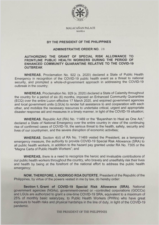 pia_gutierrez's tweet photo. President Duterte authorizes the grant of special risk allowance to public medical workers during the COVID-19 crisis https://t.co/3FWBRH9HIs