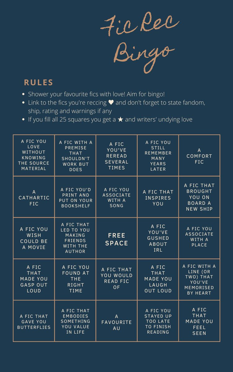 Credit to  @lightveils for this awesome fanfiction recommendation bingo! In the attached Twitter thread I will list each fic rec and the bingo square they're in response to.