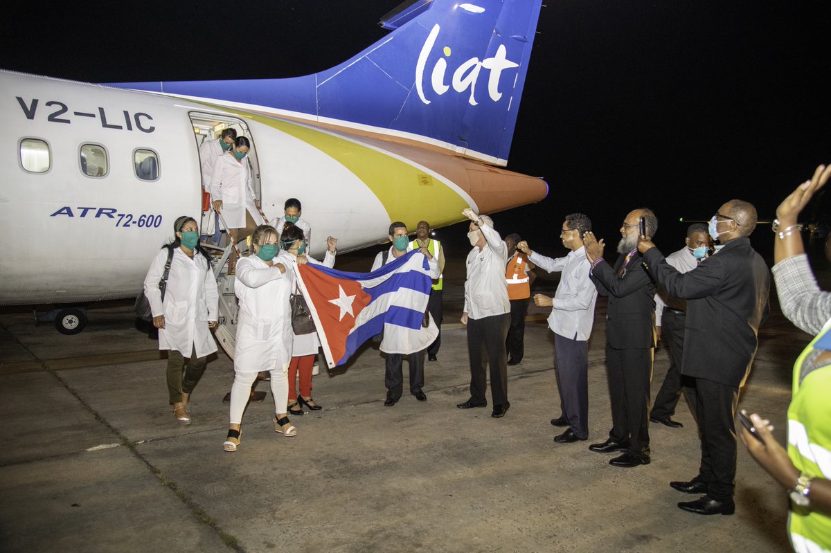 miaamormottley's tweet photo. We say bienvenido a Barbados to the more than 100 nurses who arrived Grantley Adams on Sunday night after having flown for more than 5 hours from Havana (with a fuel stop in Antigua) on board two specially chartered Liat aircraft. #beatcovid19together #barbados https://t.co/7Eil1baI7E