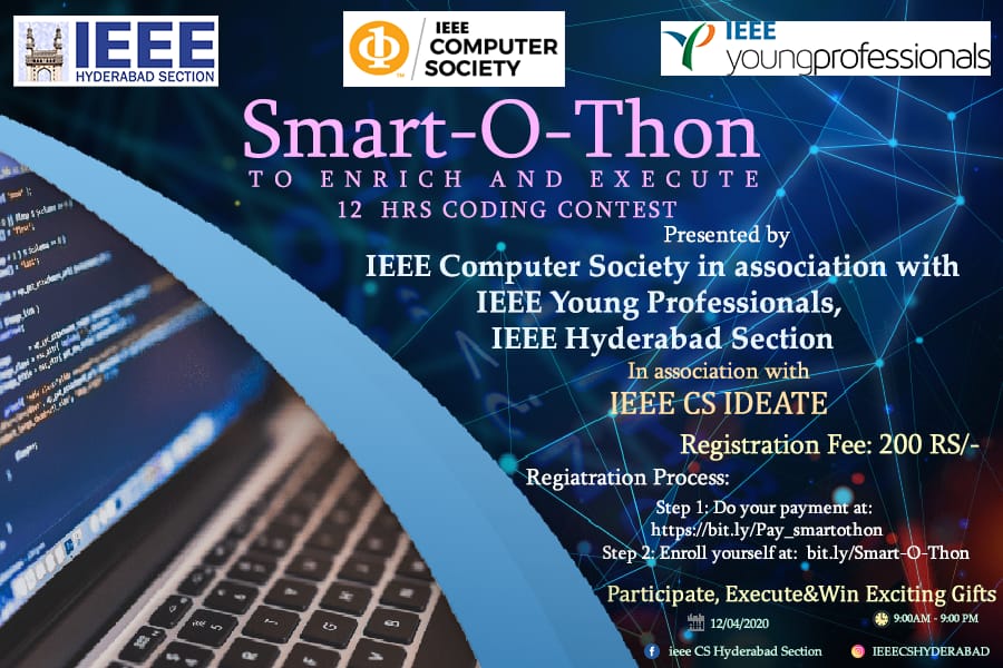 VECWarangal's tweet photo. #EEECS Ideate in association with #IEEEYP & #IEEEHyderabad Section is back with another #codingcontest "Smart-O-Thon" on 12th April 2020
Register before 11th April by:
Step-1: Make the payment of Rs. 200 at
https://t.co/oOu4NeqCfo
Step-2: Fill Google Form
https://t.co/TXyhEvdfEX https://t.co/It0Q2YQhX3