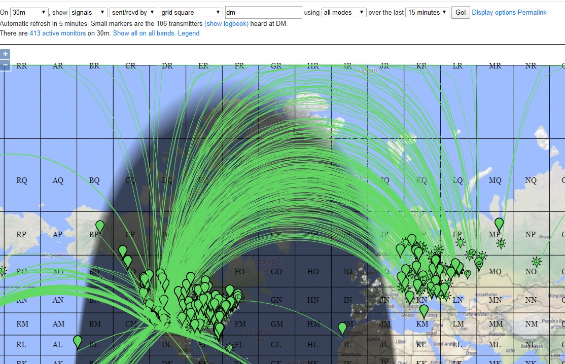 Very interesting 10 Mhz propagation. FT8 reports from DM grid square (W6) only reach Europeans countries where the end of the path is already in daylight. CT/EA/F/G countries even though with lower latitude paths, have no propagation at all  https://pskreporter.info/pskmap.ht...