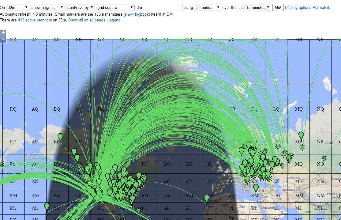 Very interesting 10 Mhz propagation. FT8 reports from DM grid square (W6) only reach Europeans countries where the end of the path is already in daylight. CT/EA/F/G countries even though with lower latitude paths, have no propagation at all  https://pskreporter.info/pskmap.html 