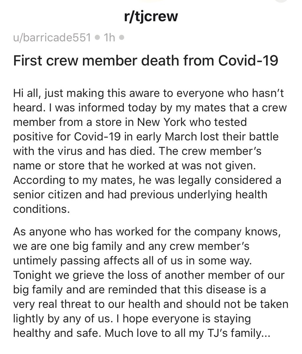 Fuck.  https://www.reddit.com/r/tjcrew/comments/fvrnpq/first_crew_member_death_from_covid19/