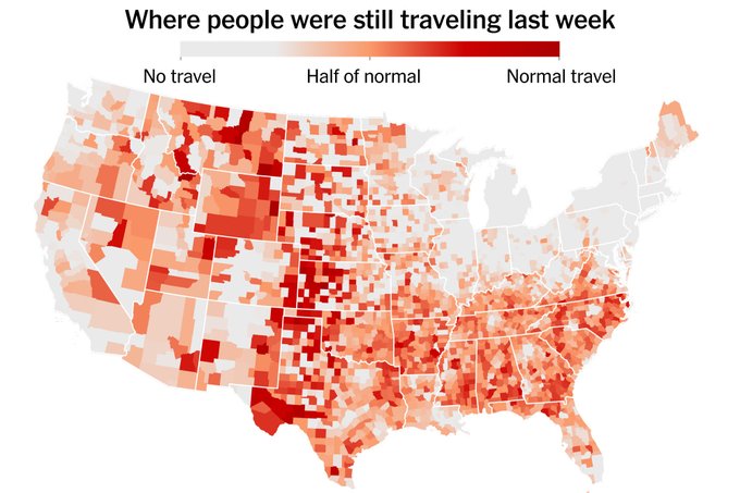 Now lets add this NYT travel map for the USA 3/29-4/4 as an overlay. Notice how it generally shows the lack of adherence to 'stay at home' measures corresponding with the counties without hospitals, or with hospitals without ICU capacity, in the map above.
