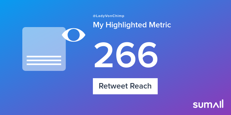 LadyVonChimp's tweet photo. My week on Twitter 🎉: 4 Mentions, 13 Likes, 1 Retweet, 266 Retweet Reach, 4 Replies. See yours with https://t.co/LiULqUTEmJ https://t.co/aj4jpdVFzQ