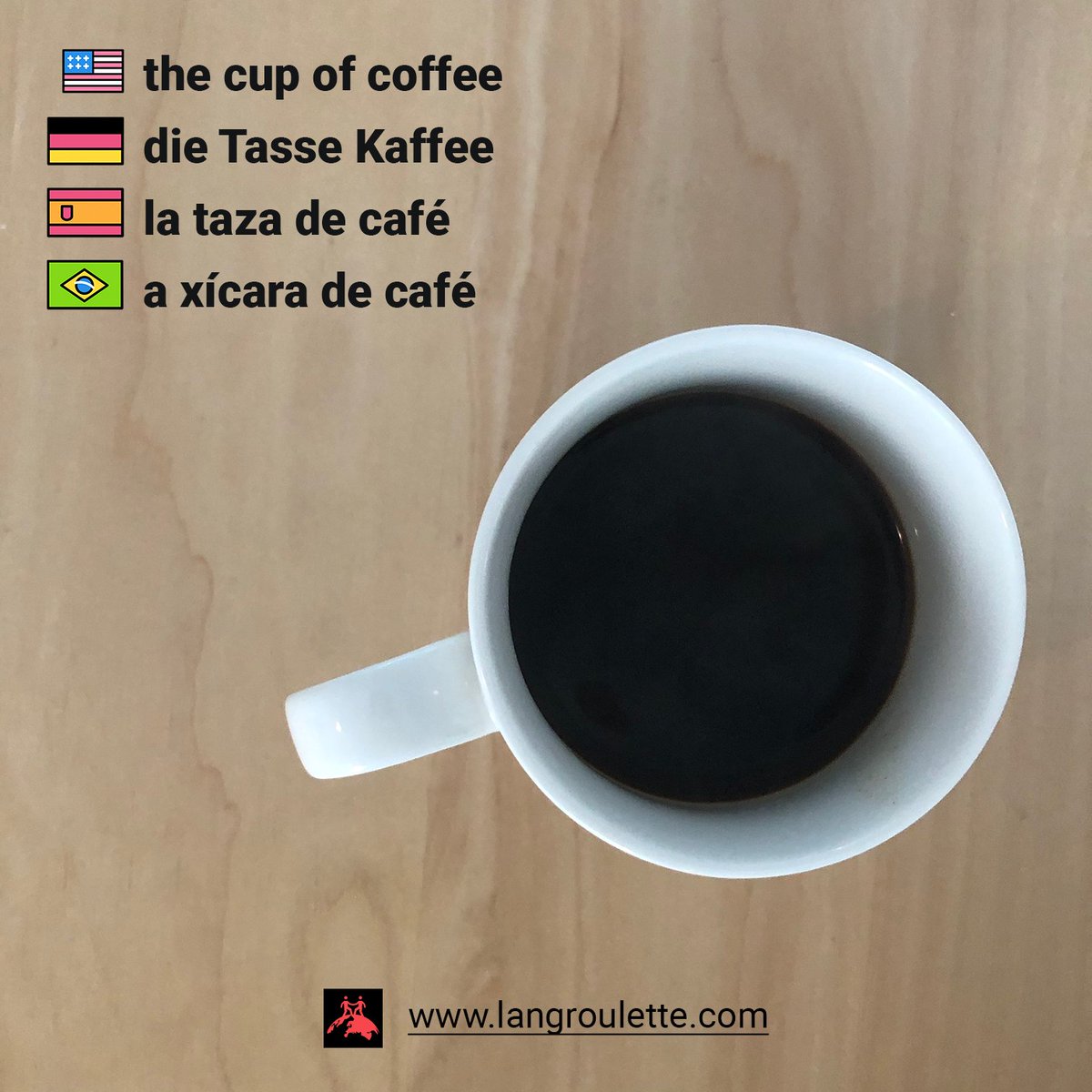 Flashcard [#english] the cup of coffee, [#deutsch] die Tasse Kaffee, [#español] la taza de café, [#português] a xícara de café.

Good morning and have a great week! :)

Post: langroulette.com/2020/04/06/fla…