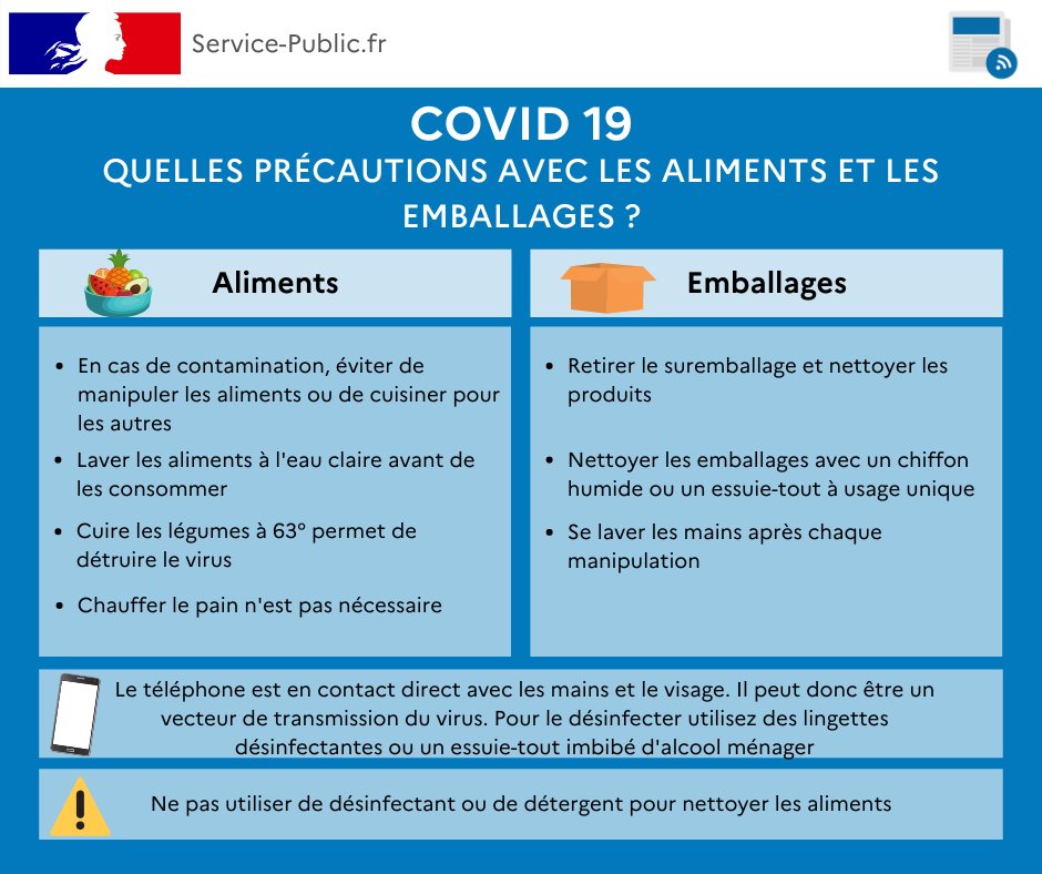 servicepublicfr's tweet photo. 💊 [#Covid19]
La crise sanitaire liée au coronavirus demande d'être vigilant avec nos aliments et nos courses :
✅ nettoyer les fruits et légumes à l'eau claire
✅ nettoyer ou retirer les emballages 
Plus d'infos sur les précautions 👉 https://t.co/h6ij8HUWvR https://t.co/G38c2kCwvc