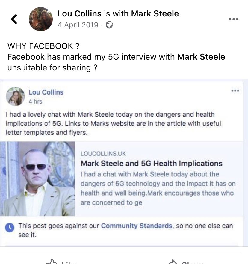 RCBLTN's tweet photo. @EricHardcastle Here’s Lou Collins, friend of David Icke, Bill Maloney, Brian Gerrish, John Wedger, Ben Fellows, etc, complaining about her interview with Mark Steele being pulled from Facebook. https://t.co/3tgXTkOfJJ