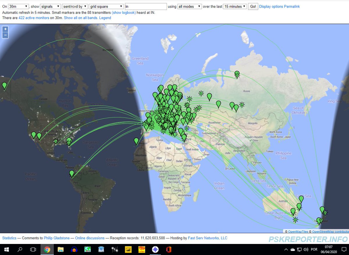 at 07:07Z with IN grid now finally in daylight, propagation is exploding worldwide paths tot the west