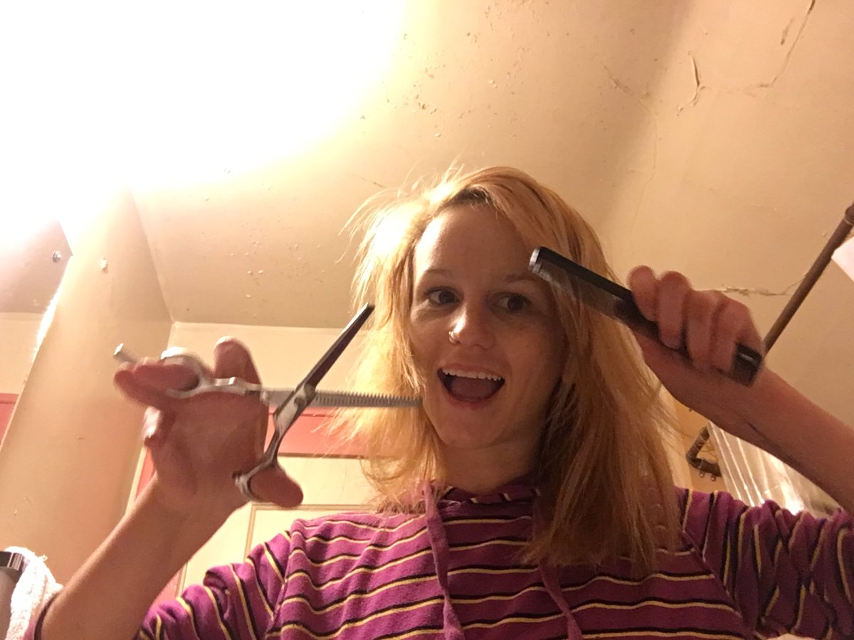 I have this handy hair kit that my friend gave to me but for like the first year I cut my hair I used fabric scissors so really just work with what you got