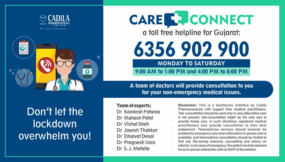 Cadila_Pharma's tweet photo. In this pandemic, things might get overwhelming. Who do you consult for non-emergency #medical conditions? For all residents of Gujarat, call on the below number and get free consultation from expert doctors!
#Cadila #CareConnect #COVID19 #CoronaVirusIndia #StayHomeStaySafe https://t.co/tuyxypPGIQ