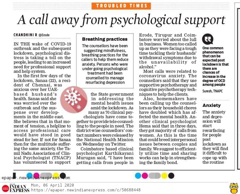 chandhini97's tweet photo. Tamil Nadu Association of Clinical Psychologists are providing free tele-counselling to people in need to cope up with anxiety, depression in the time of #COVID19Lockdown 

@xpresstn @NewIndianXpress @NHM_TN @DrBeelaIAS @Vijayabaskarofl #MentalHealthAwareness @MoHFW_INDIA https://t.co/a5ffTwI1mP