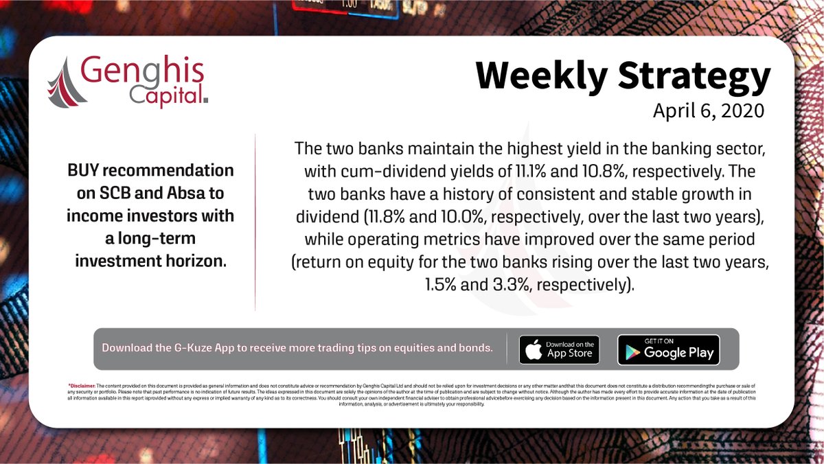 genghiscapital's tweet photo. An excerpt from the Weekly Strategy available in full to our clients on #GKuze app.

The banks have a history of consistent&amp;stable growth in dividends while operating metrics have improved. The counters also have better defensive characteristics compared to their large tier peers https://t.co/8peEqQ8S35