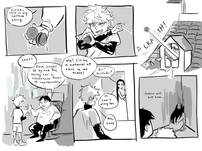 Thinking about how milluki made killua's yo-yo's :(( wish we got more nice zoldyck sibling interactions 
#hunterxhunter #hxh #killua #illumi #milluki 