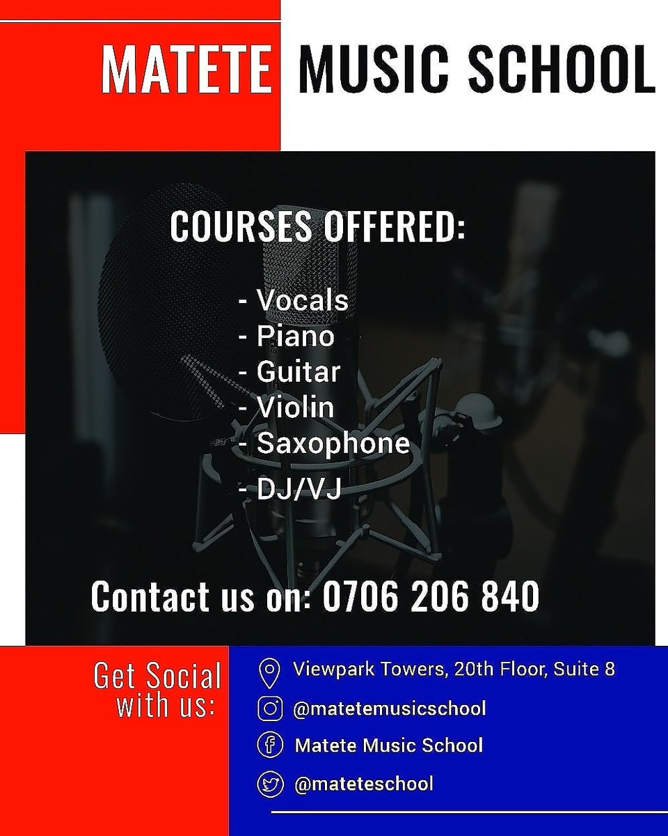 MateteSchool's tweet photo. Matete Music School offers courses in vocals, piano, guitar, violin, saxophone and Dj/Vj.
Join us today at View Park Towers, 20th Floor, Suite 8 or call us on 0706206840.Registration is still ongoing😃 
#MateteMusicSchool #RuthMatete #IkoKaziKE https://t.co/Tt8xOD6gKo